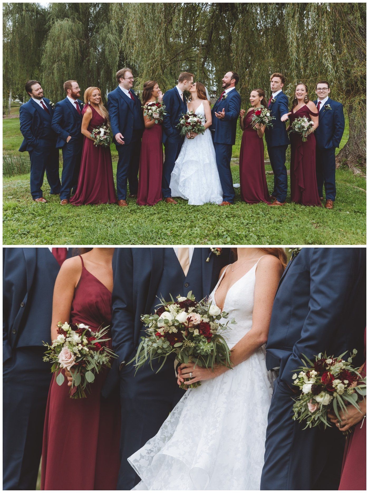 Wedding party posing outdoors in formal attire, with bride in white and bouquets of burgundy and greenery
