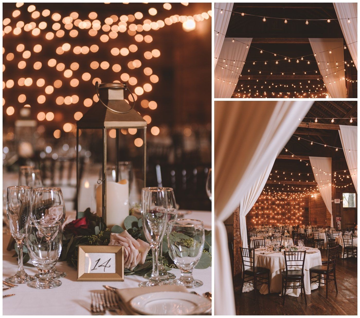Elegant candlelit wedding reception table with lantern centerpieces and warm string lights in a draped tent