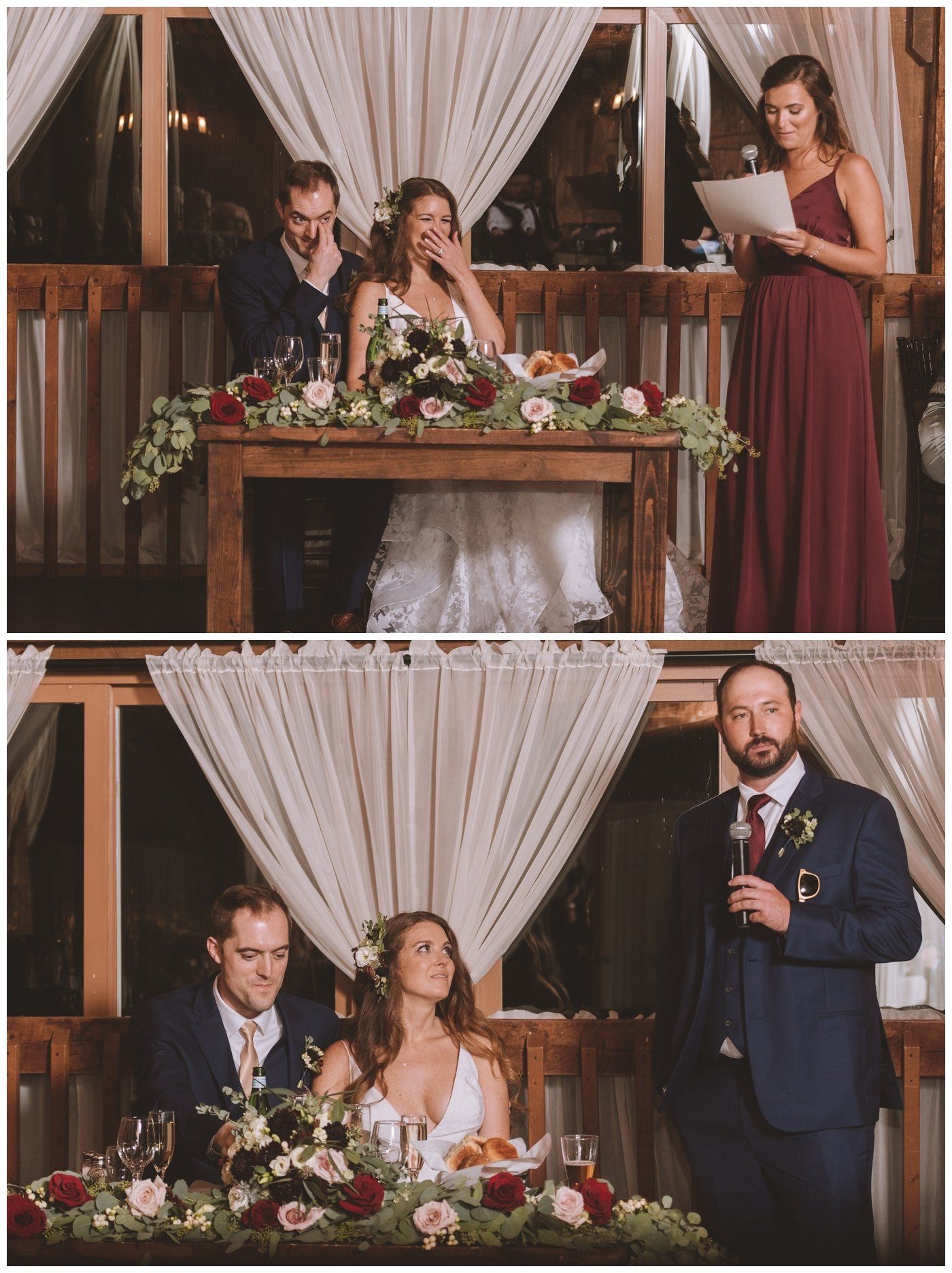Wedding ceremony at a decorated table; couple sits as officiant speaks beneath draped curtains.