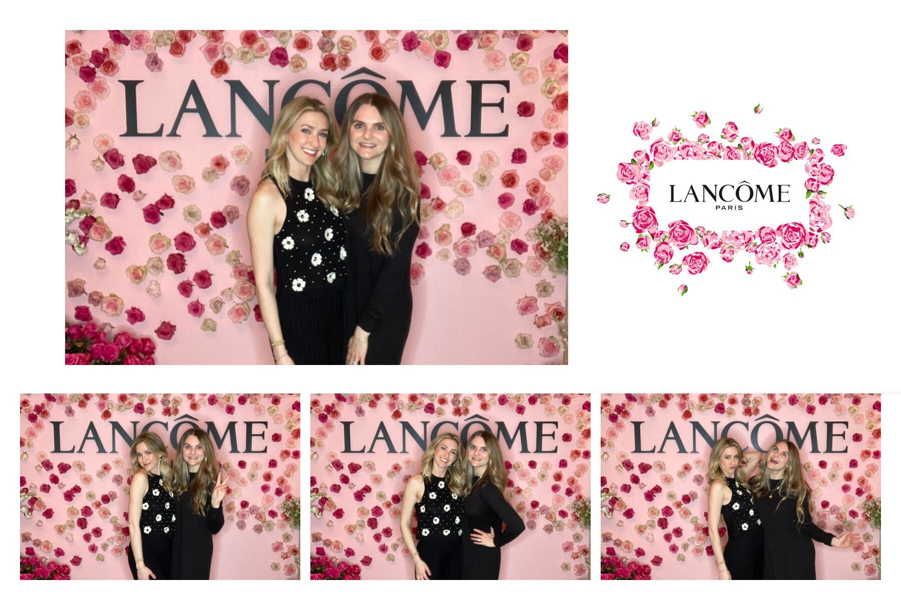 Lancôme photo booth collage with two women posing against a pink floral backdrop