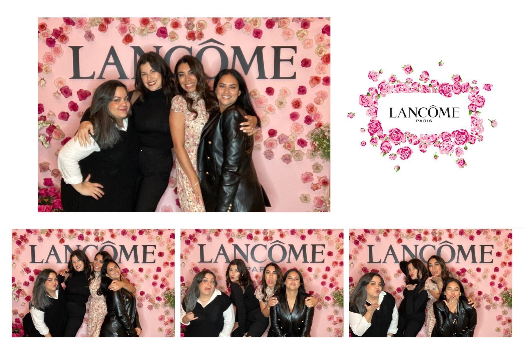 Lancôme event collage with four women posing before a pink floral backdrop and brand logo