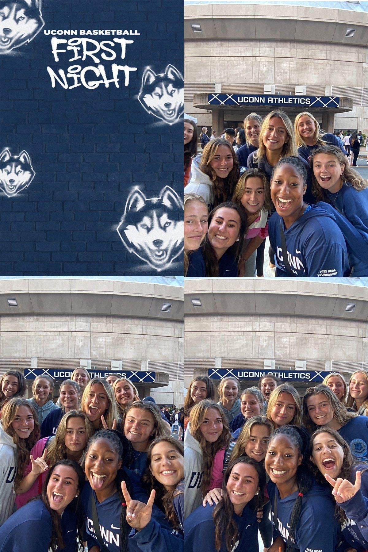 Group selfie in blue shirts at a “First Night” event booth, smiling in front of a stone building.