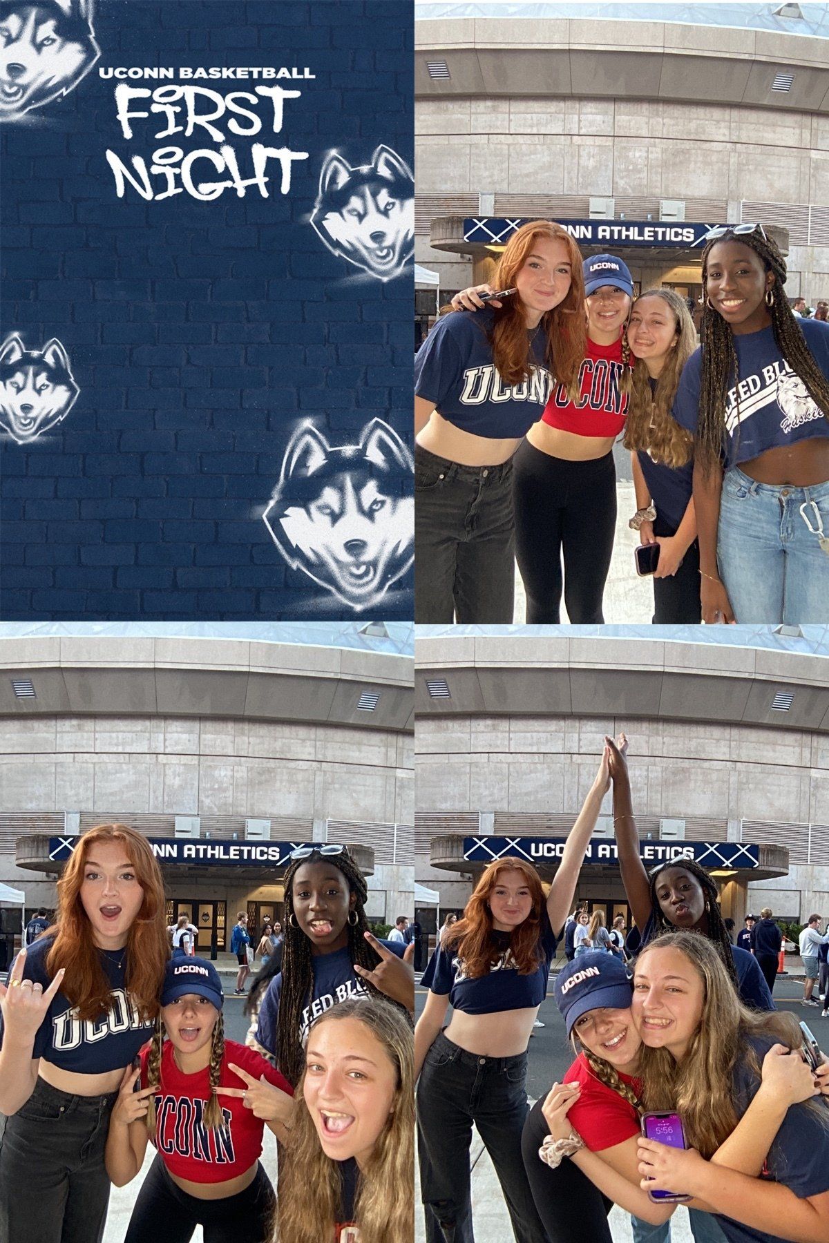 Students posing and cheering in front of a First Night banner at a campus building.