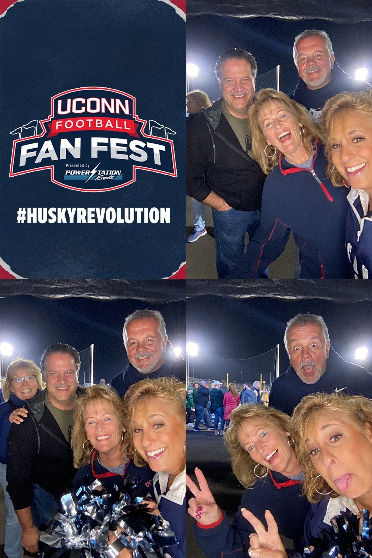 UConn Football Fan Fest collage with smiling fans posing in navy shirts at a nighttime event