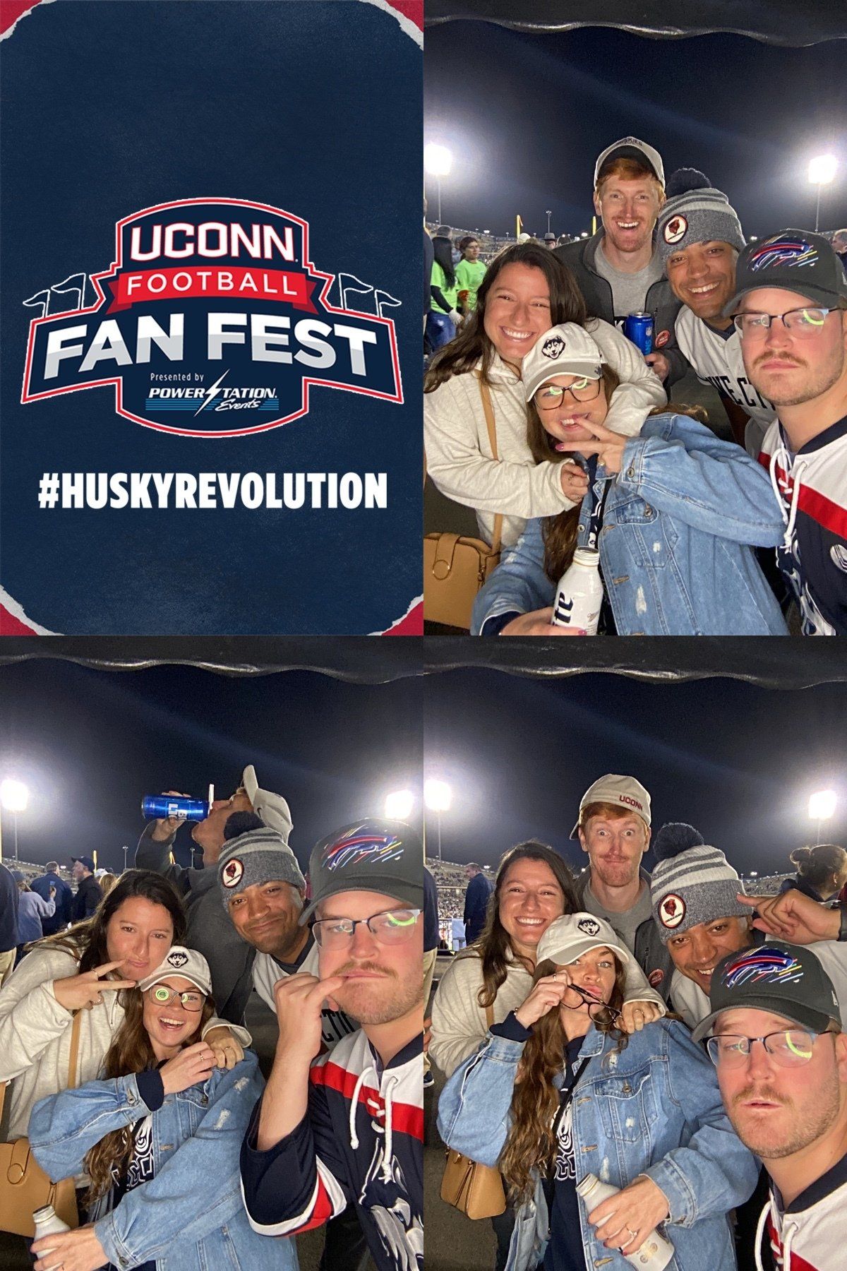 UConn Football Fan Fest logo and a group of fans posing for selfies at night under stadium lights