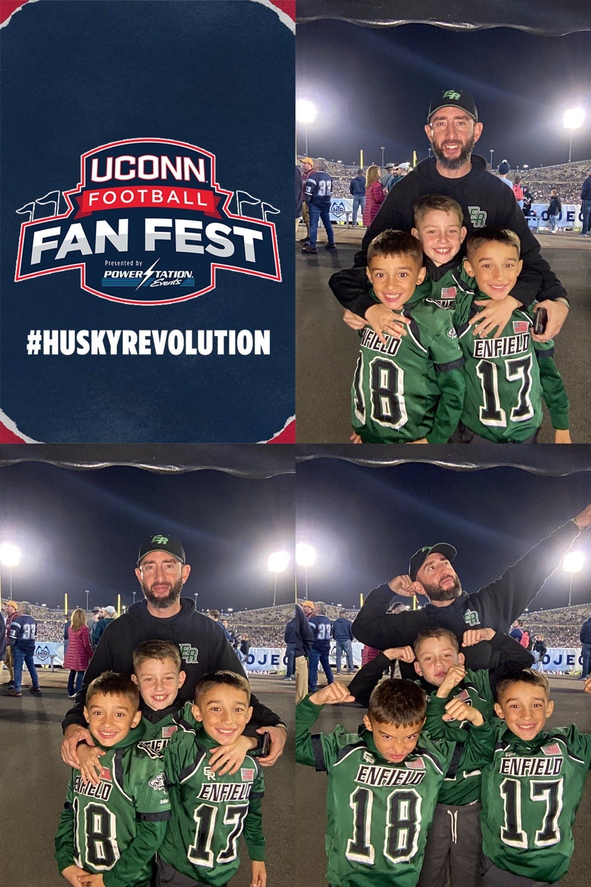 UConn Football Fan Fest collage with a man and children in green jerseys posing under stadium lights