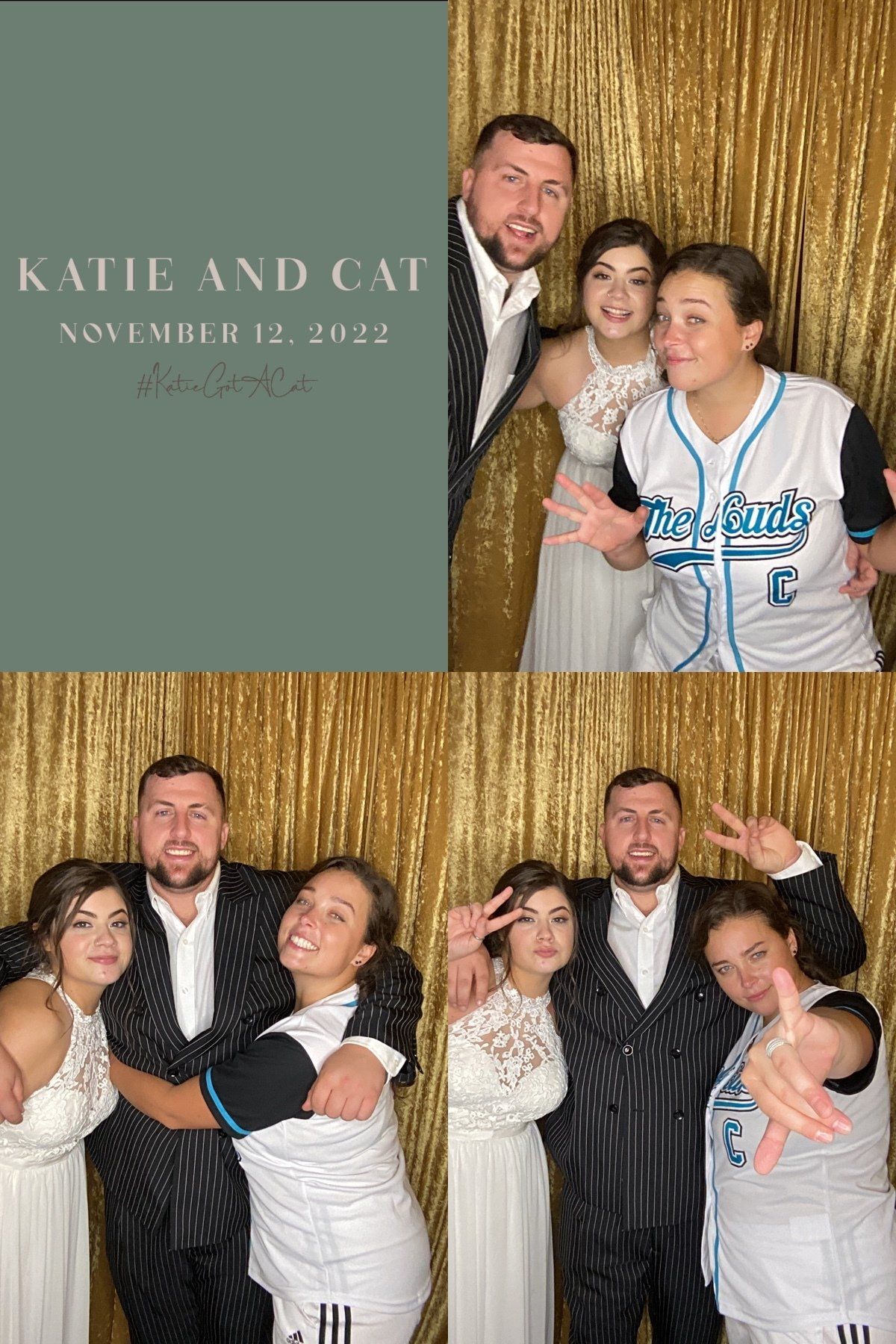 Four-photo wedding-style collage with a couple posing before a green and gold backdrop and curtain.