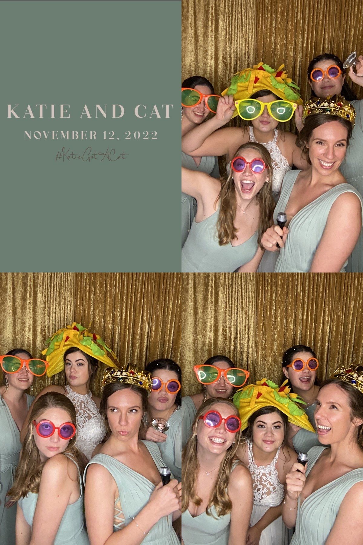 Group of friends posing in sunglasses at a bridal shower photo booth with a gold fringe backdrop