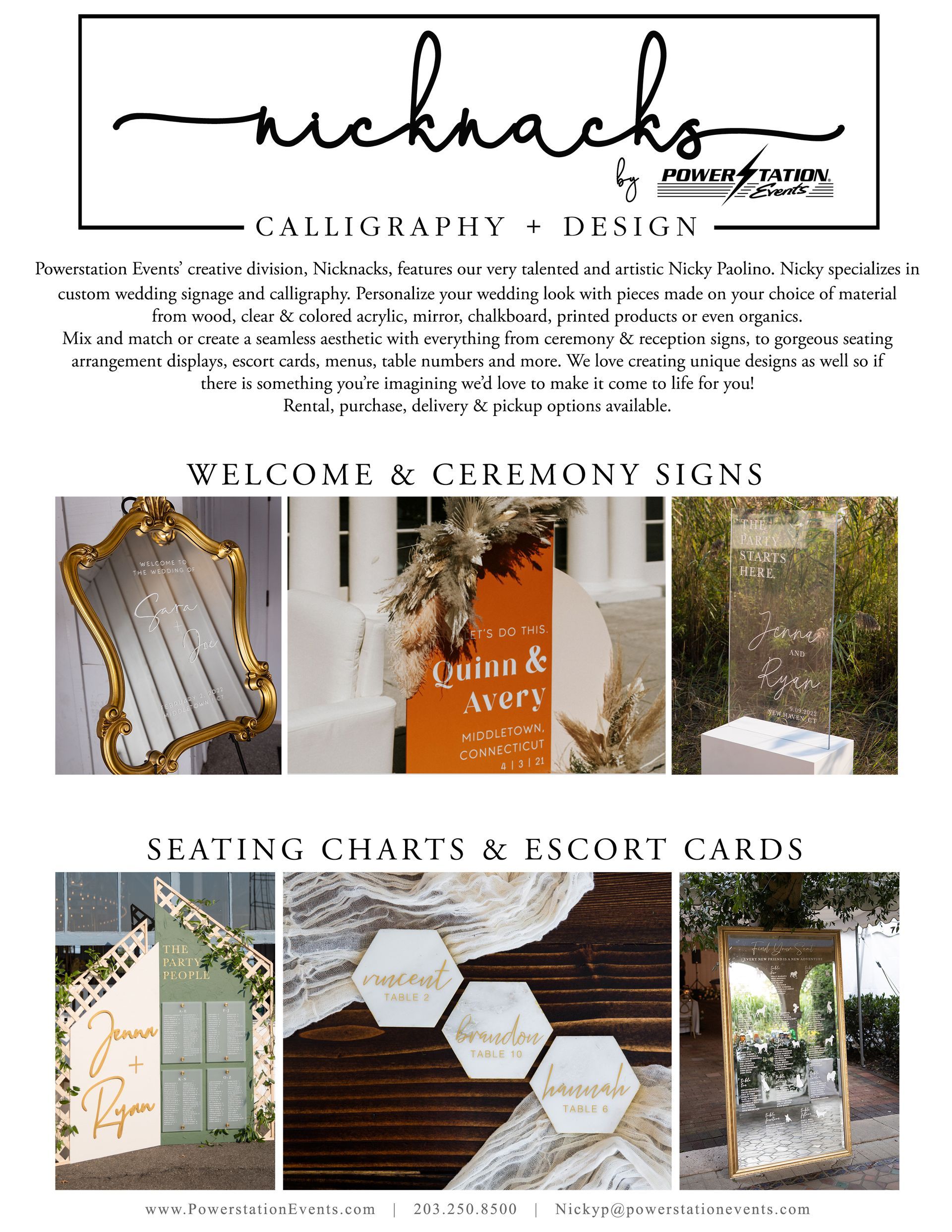 Nichebacks calligraphy design examples with framed signs and wedding decor photos