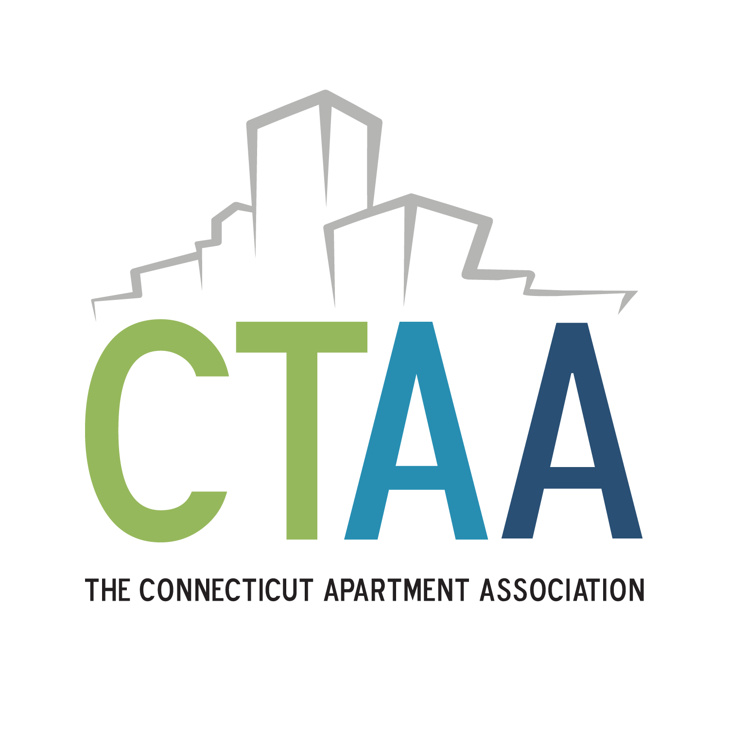 Connecticut Apartment Association logo with green, blue, and gray stylized buildings and text