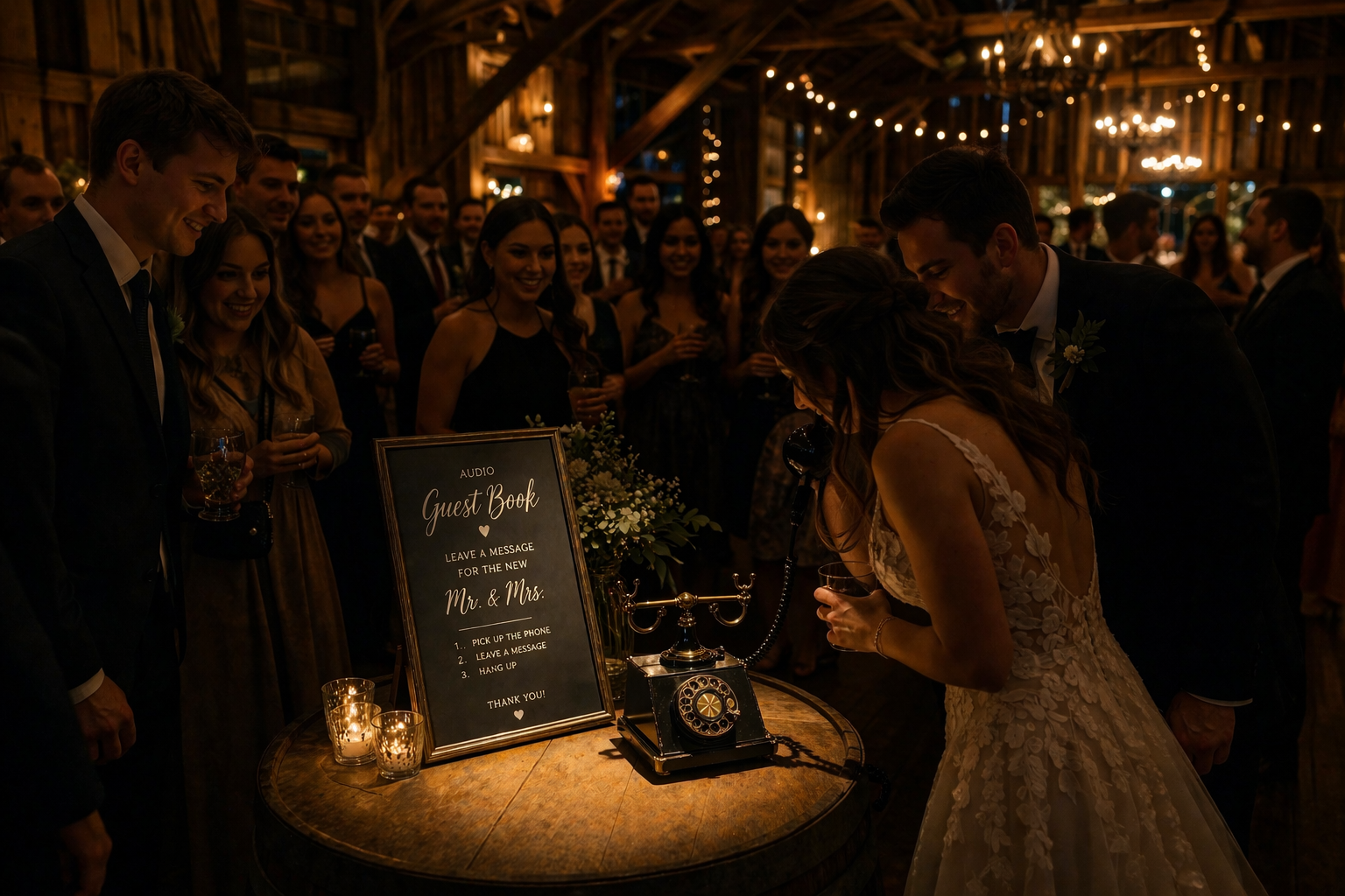 Bride signing guest book at candlelit wedding reception with guests nearby