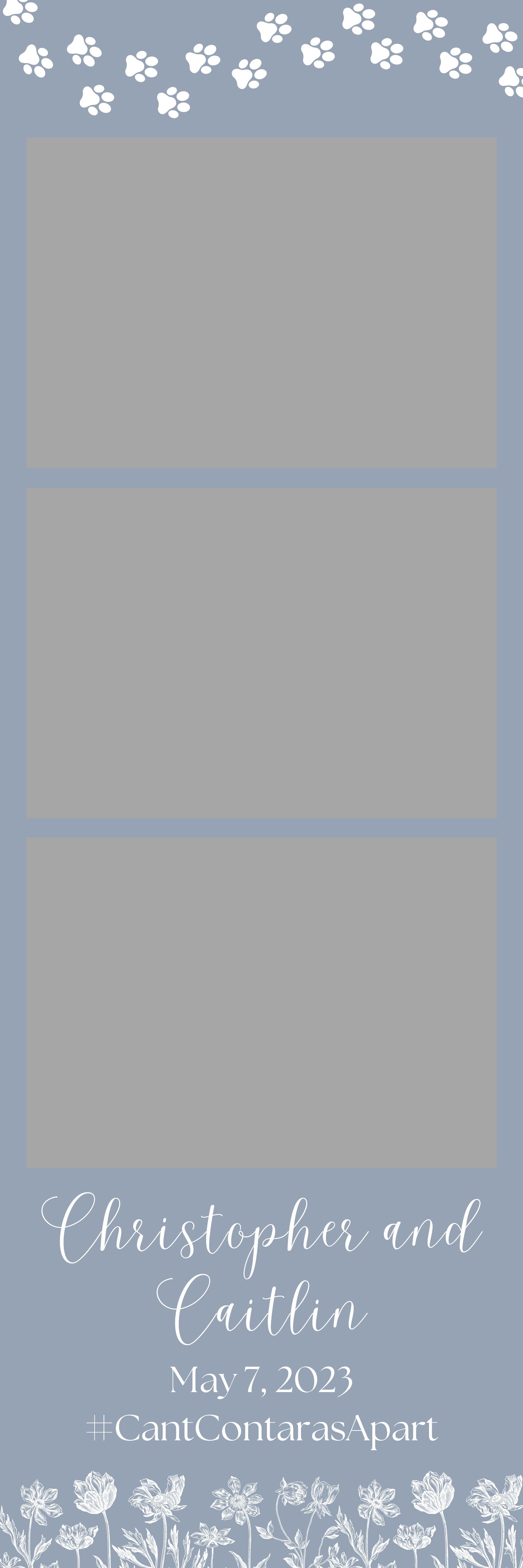 Blue floral scrapbook template with three gray photo placeholders and decorative white script text at bottom