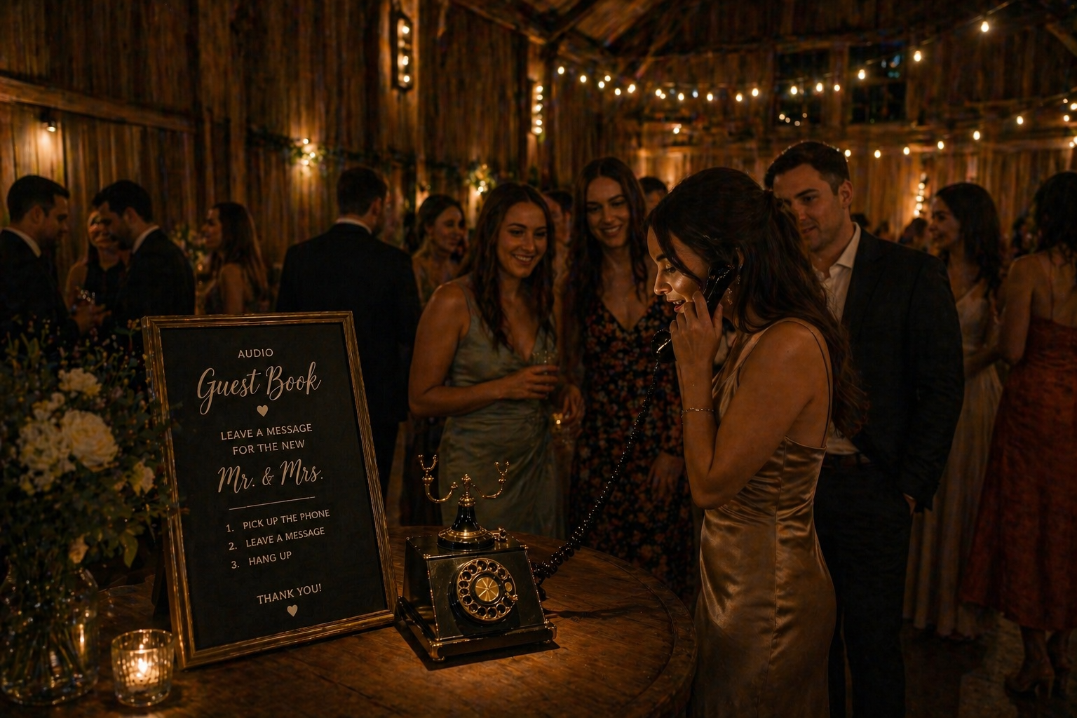 Guests mingling at a warmly lit vintage party, with a welcome sign and lanterns by the entrance