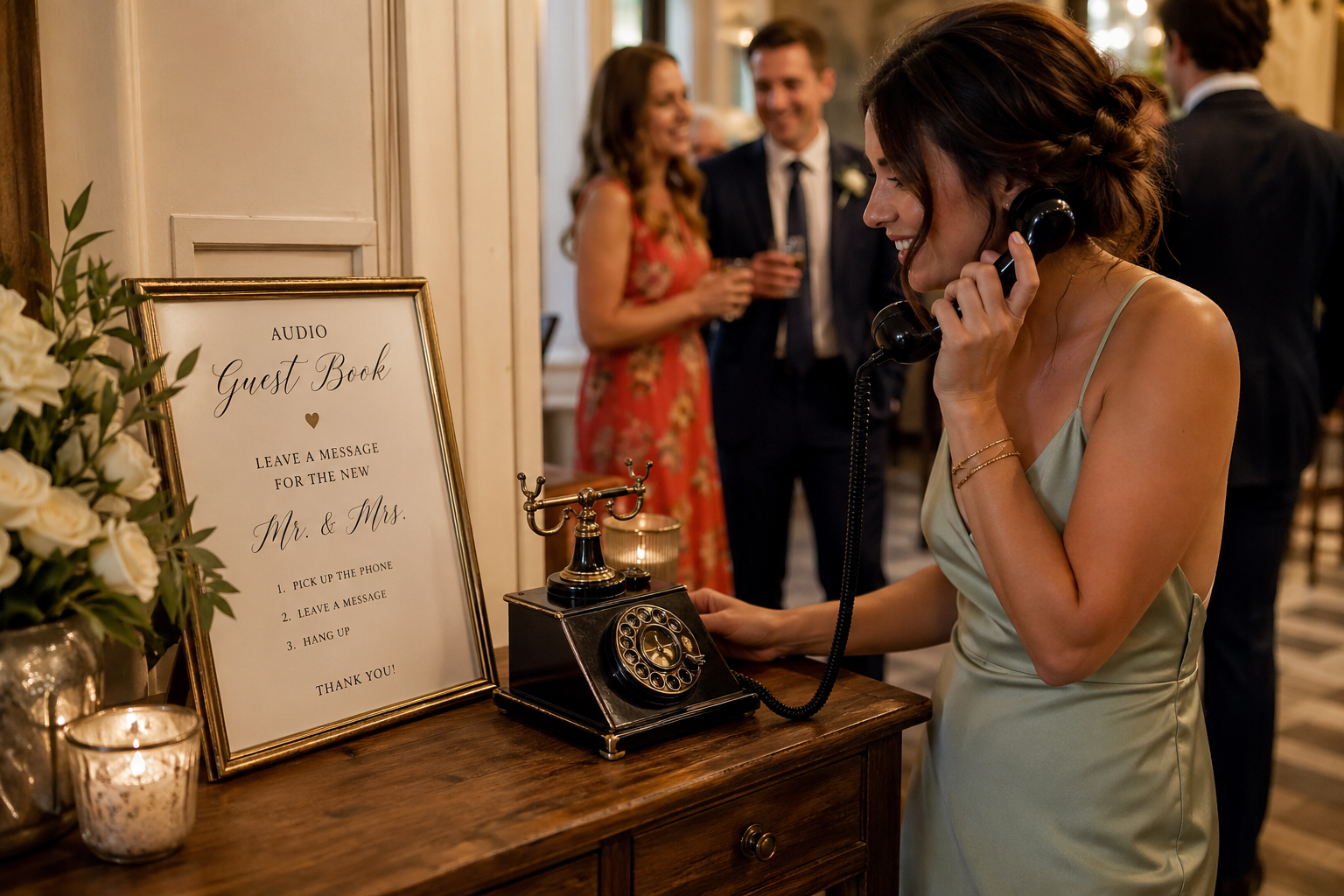 Mic’d Memories audio guest book at a CT wedding, guest leaving a heartfelt message