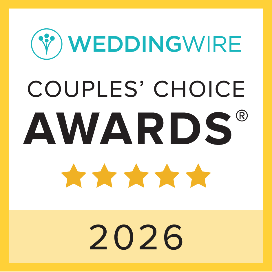 WeddingWire Couples’ Choice Awards 2026 badge with teal logo, gold stars, and black text on white and gold background