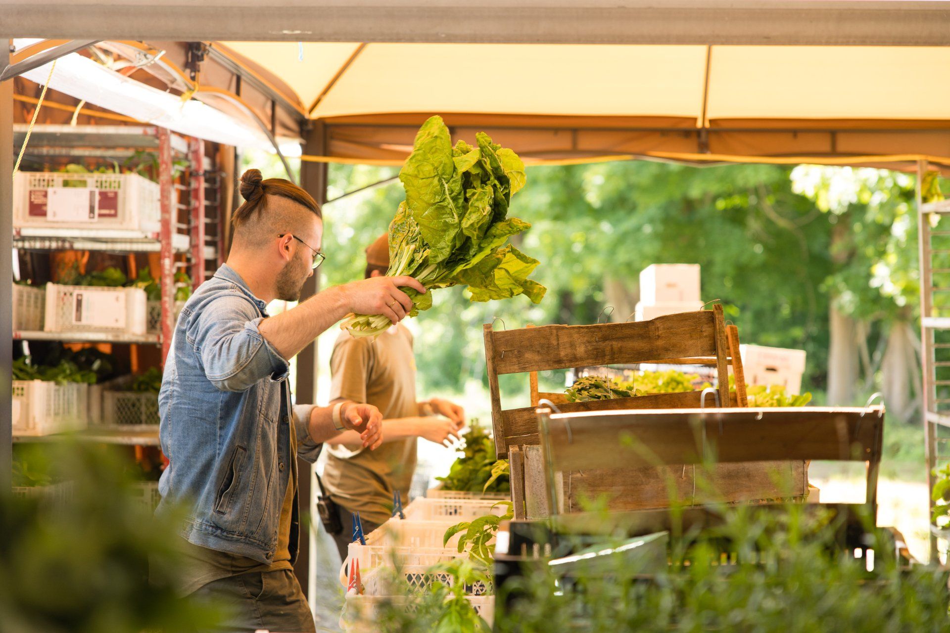 Two people selecting leafy greens at a produce market stall under a canopy