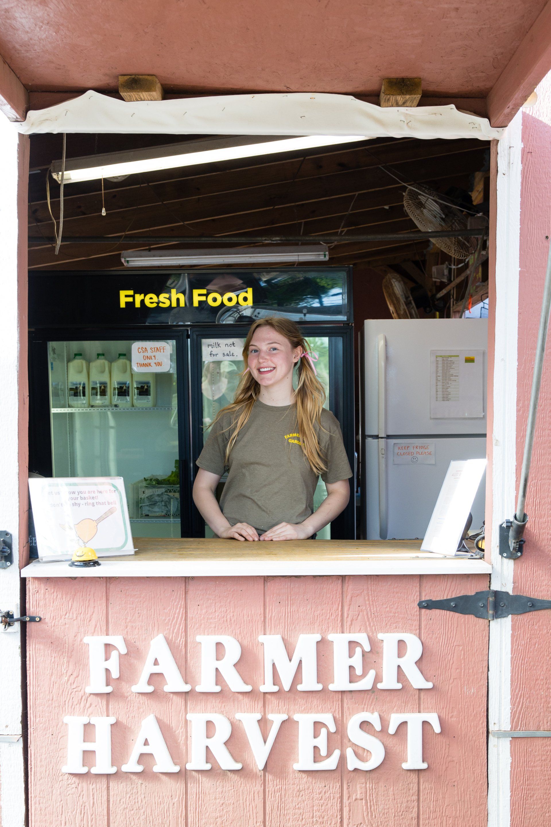Woman behind Farmers Harvest market stall with fresh food sign and refrigerator display