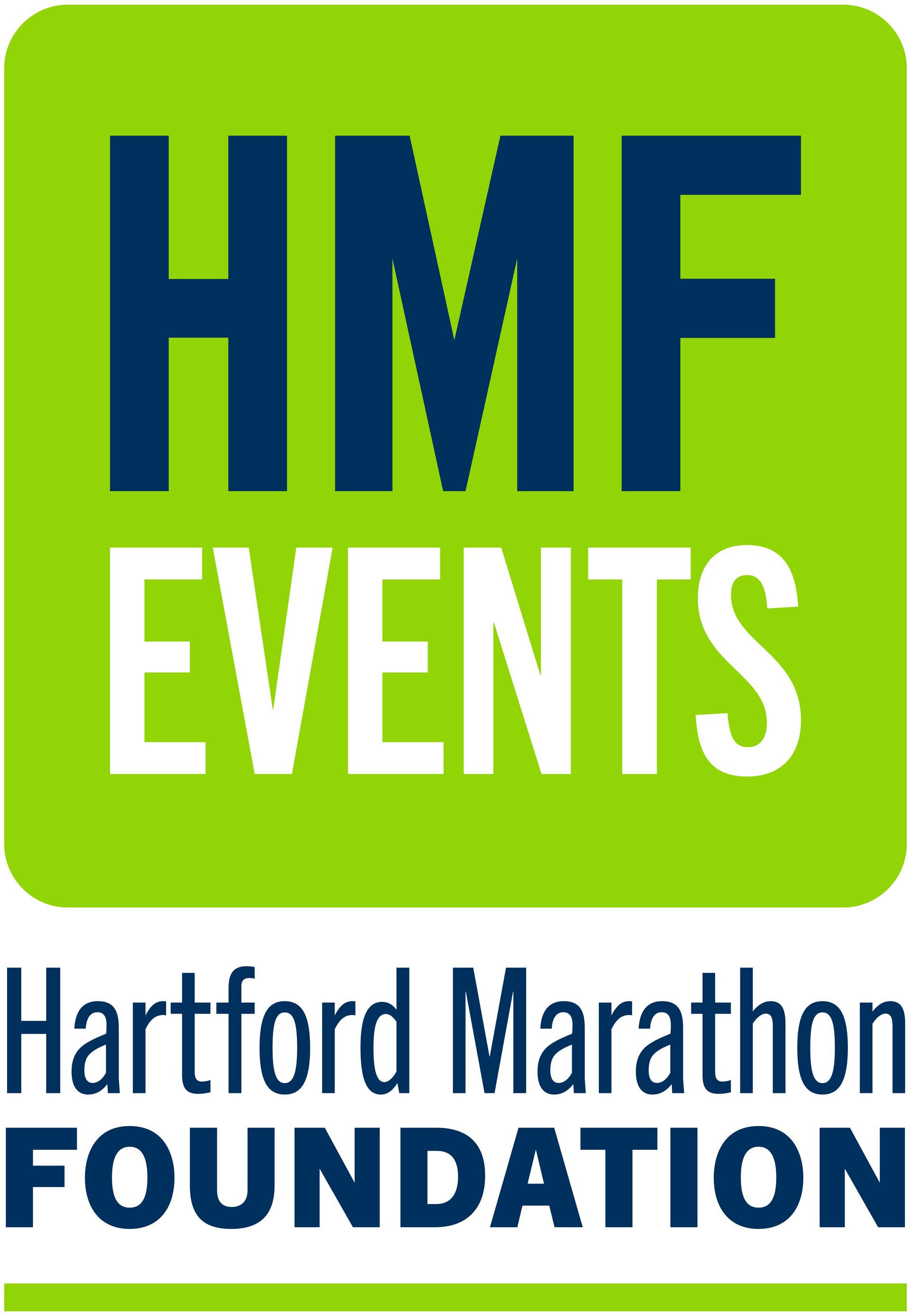 HMF Events logo in green and blue with Hartford Marathon Foundation text