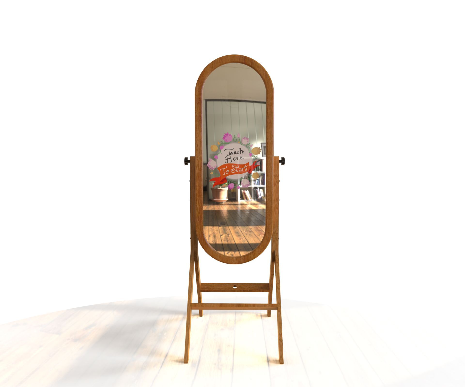 Tall wooden full-length mirror on a stand reflecting a room with a colorful chair and decor.