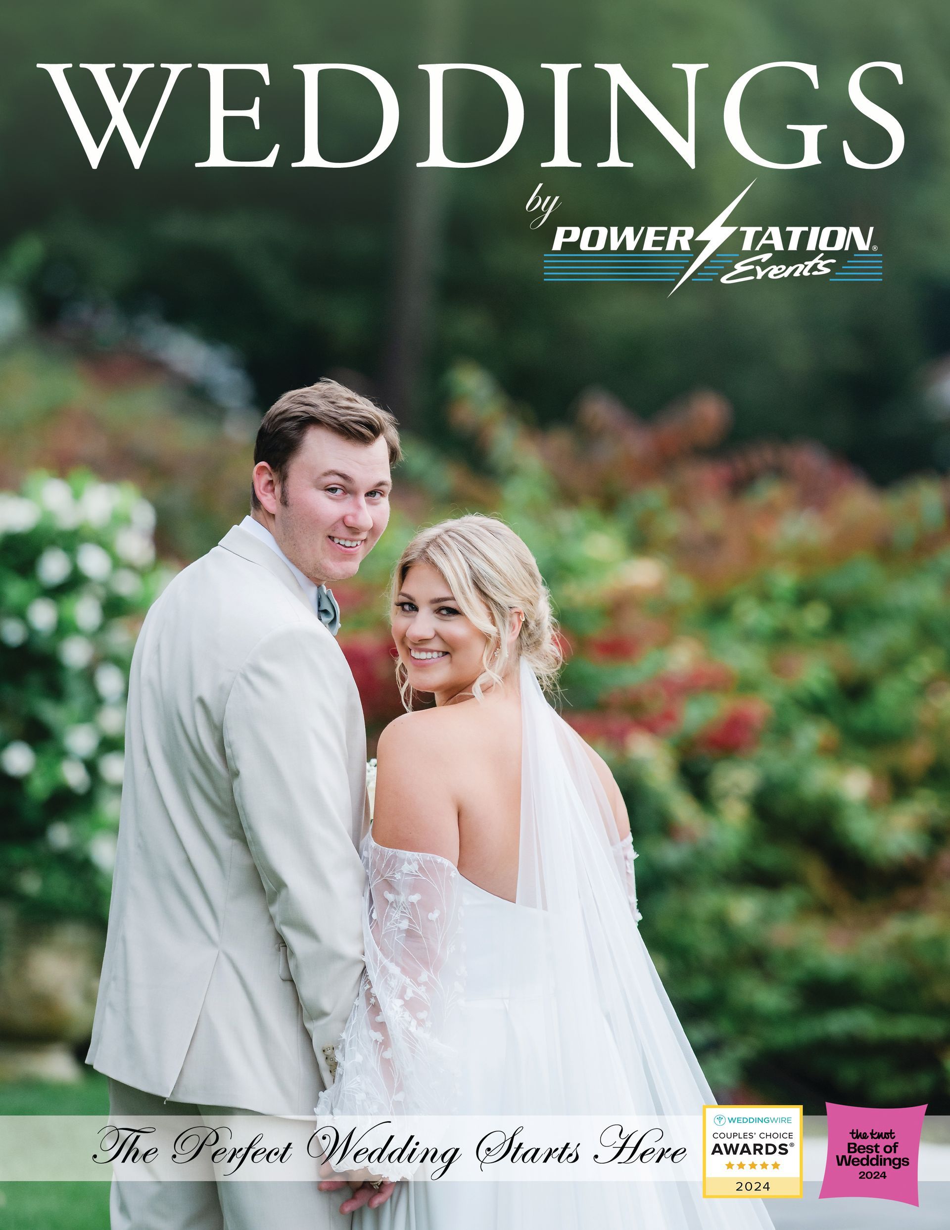 Wedding magazine cover with a smiling couple in formal attire outdoors, featuring green foliage and flowers
