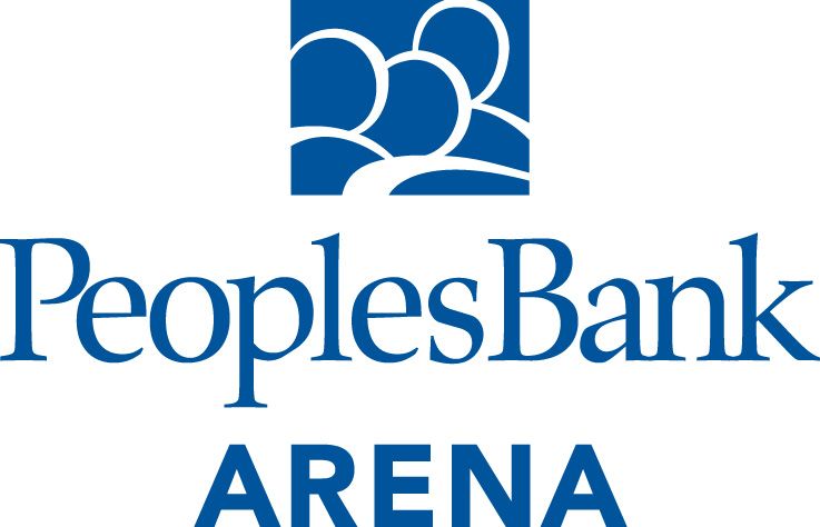 PeoplesBank Arena logo in blue and white with stylized building icon