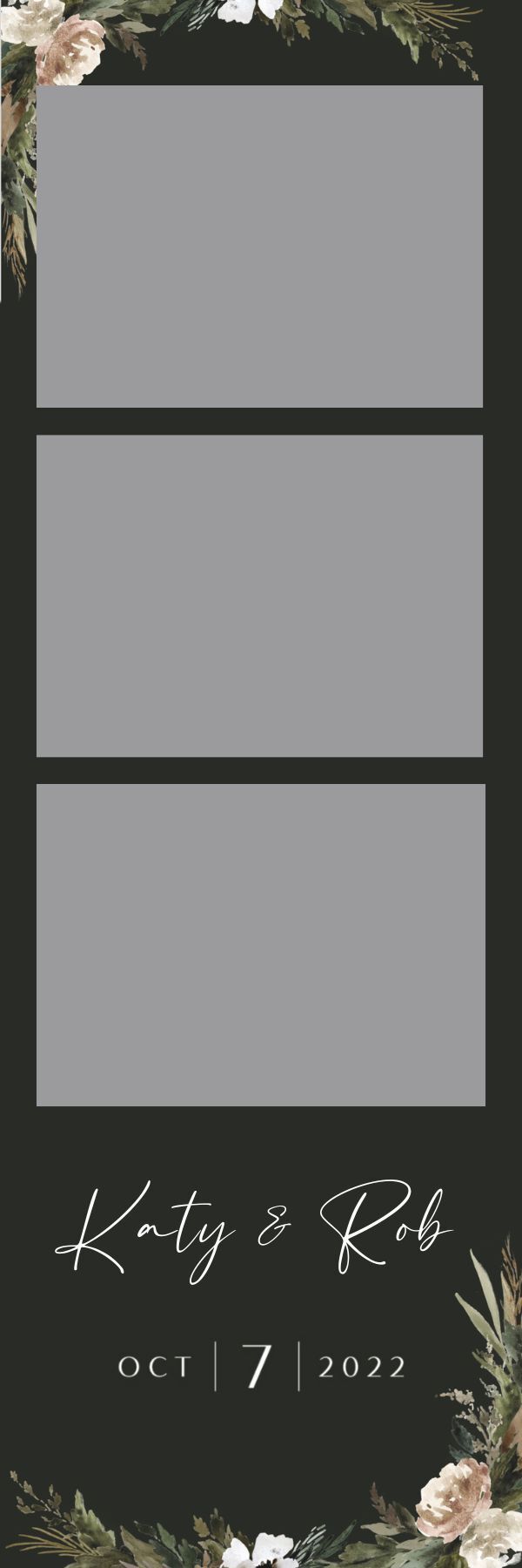 Three stacked gray panels on a dark floral background with cursive text and “Oct 7 2024” at the bottom