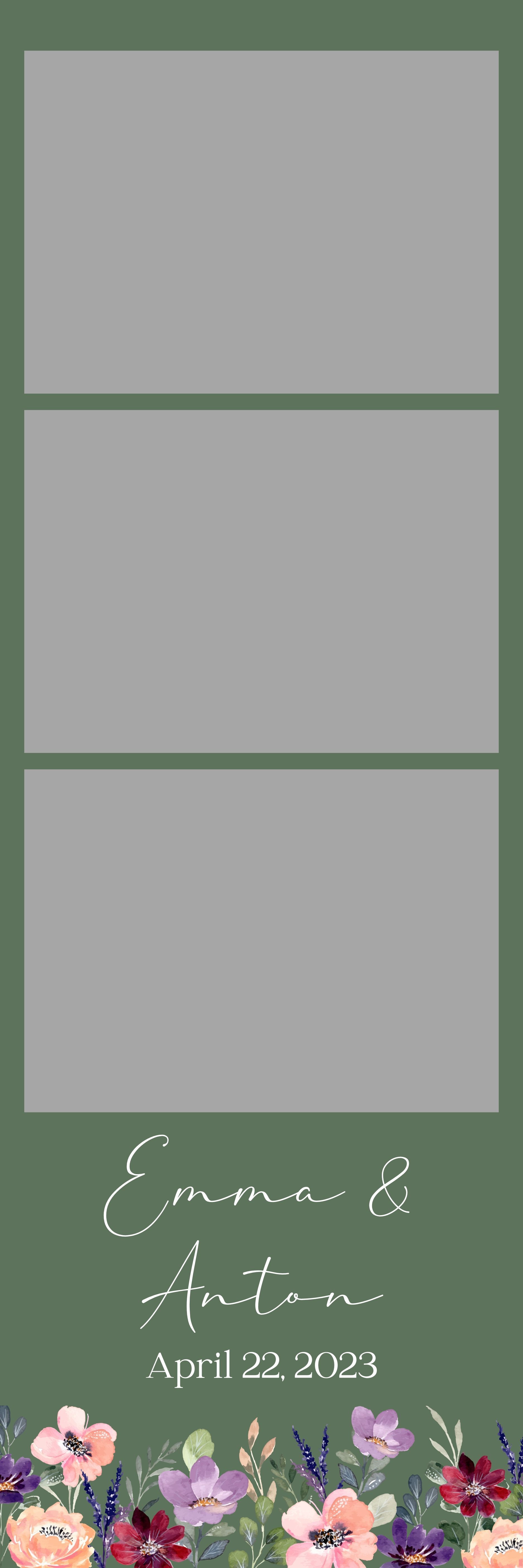 Green greeting card with three gray photo placeholders, white script text, and pink flowers at the bottom.