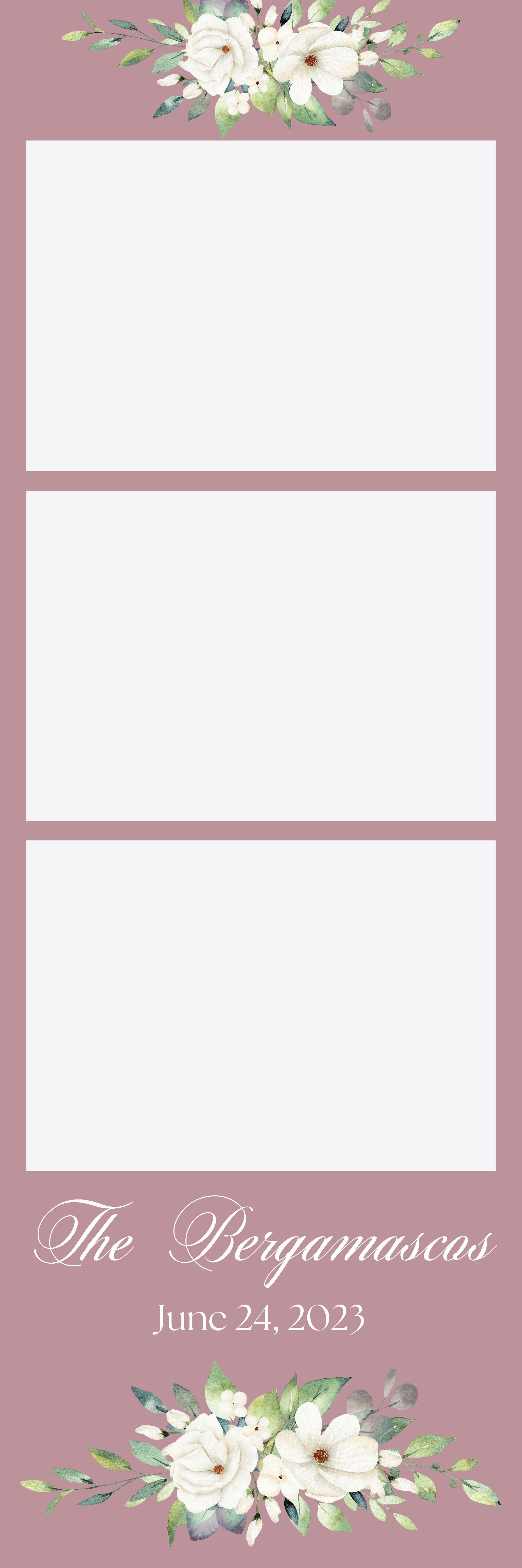 Pink floral collage template with three blank white panels and decorative flowers at top and bottom