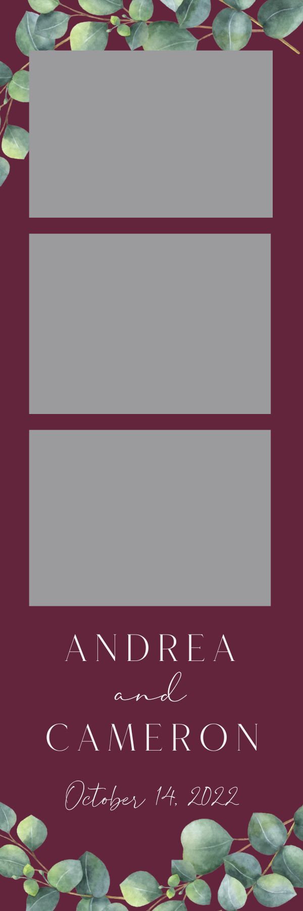 Book cover with maroon background, floral border, three gray photo blocks, and the title “Andrea and Cameron”