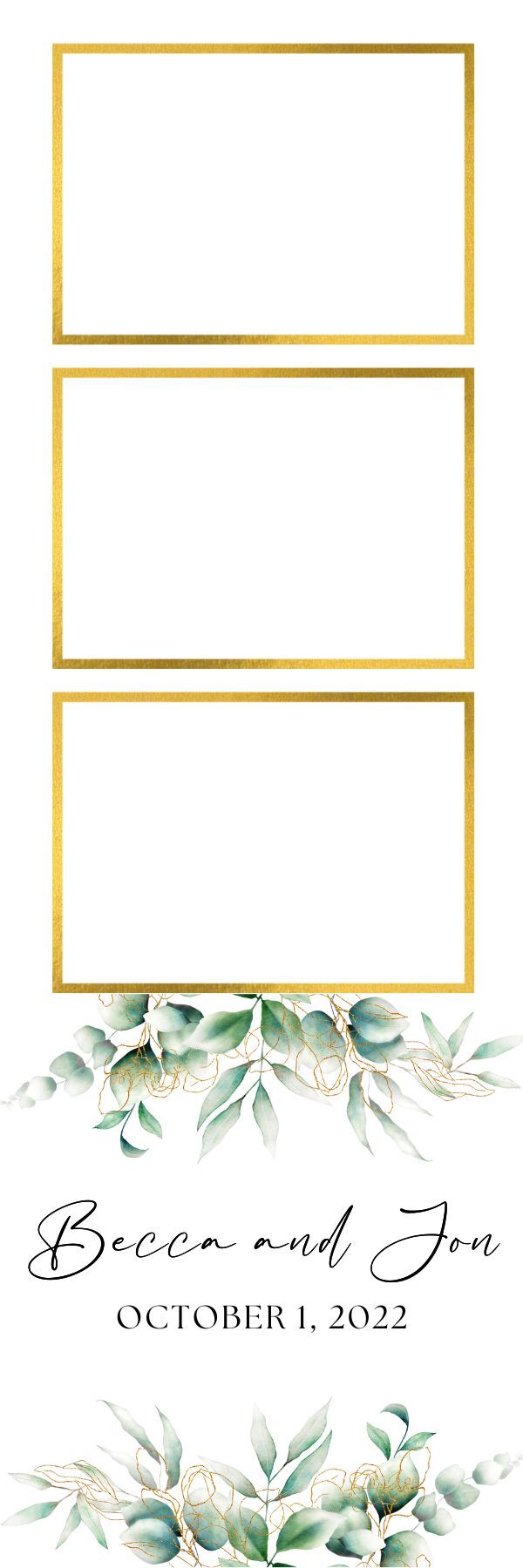 Three gold-framed photo placeholders above watercolor leaves and the text “Bree and Jo” in script.
