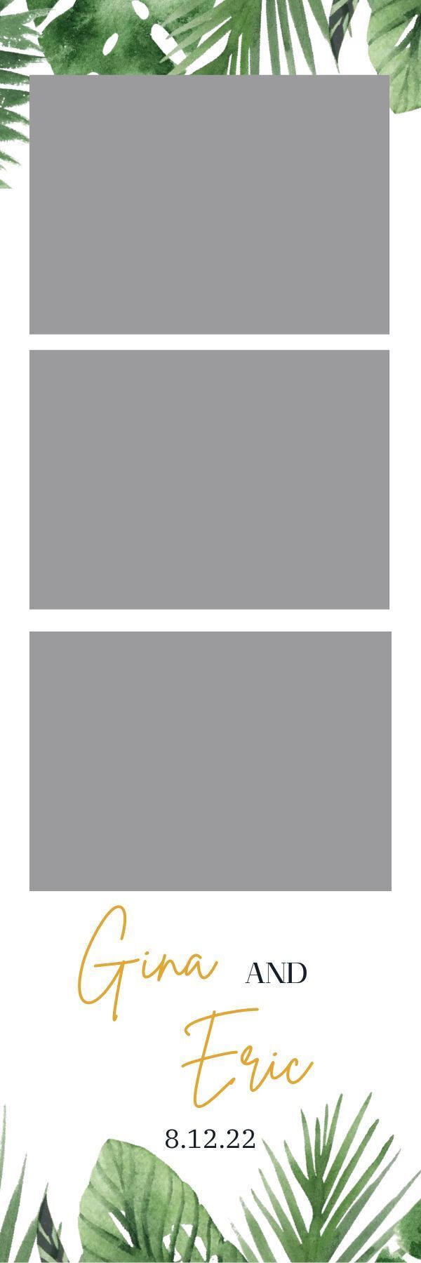 Vertical floral event flyer with three gray photo blocks and gold-and-black text reading “Gina and Eric” and “8.12.25”
