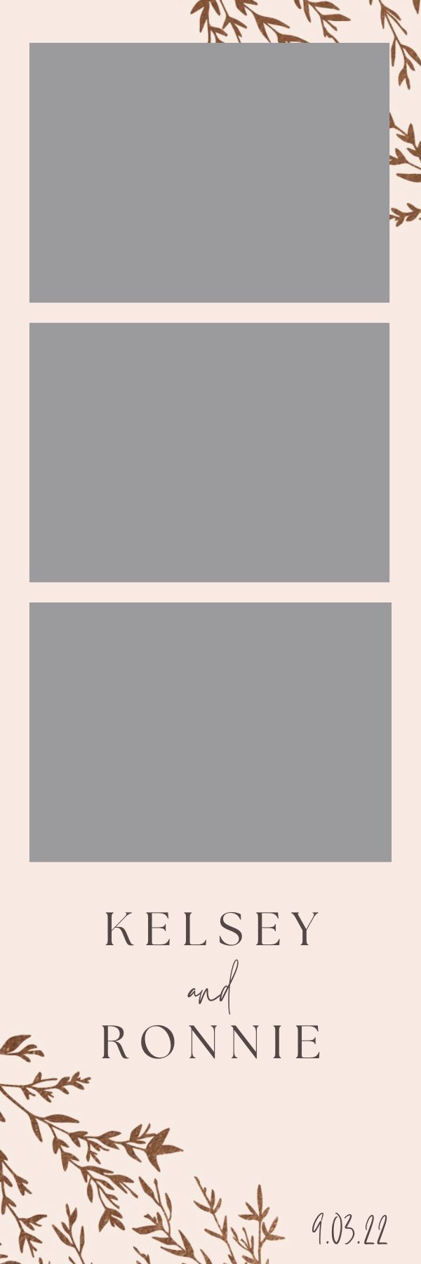 Pink wedding invitation with three photo placeholders and the names 