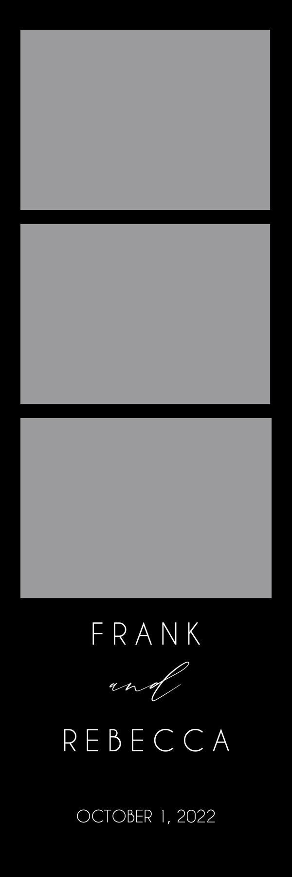 Black book cover with three gray panels and the names Frank and Rebecca, with a small arrow and date at the bottom.
