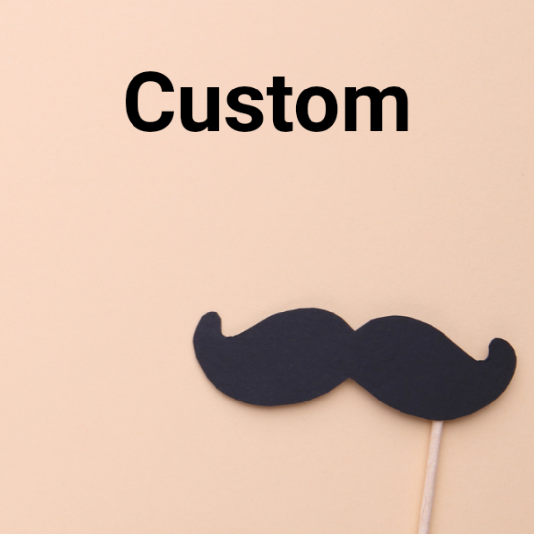 Black circle with the word “CUSTOM” in white text