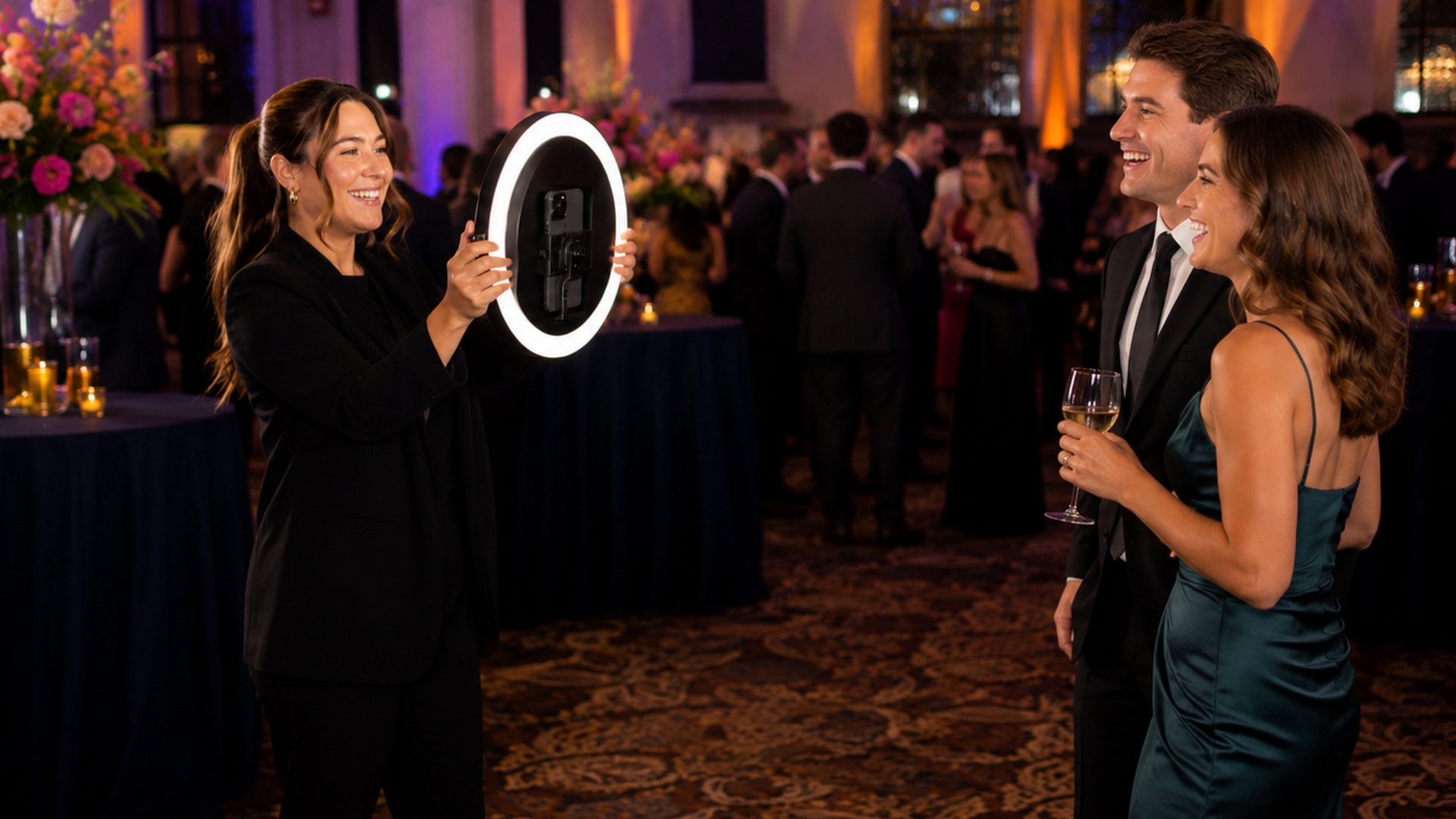 Woman takes a photo of a smiling couple at a formal event with a ring light.