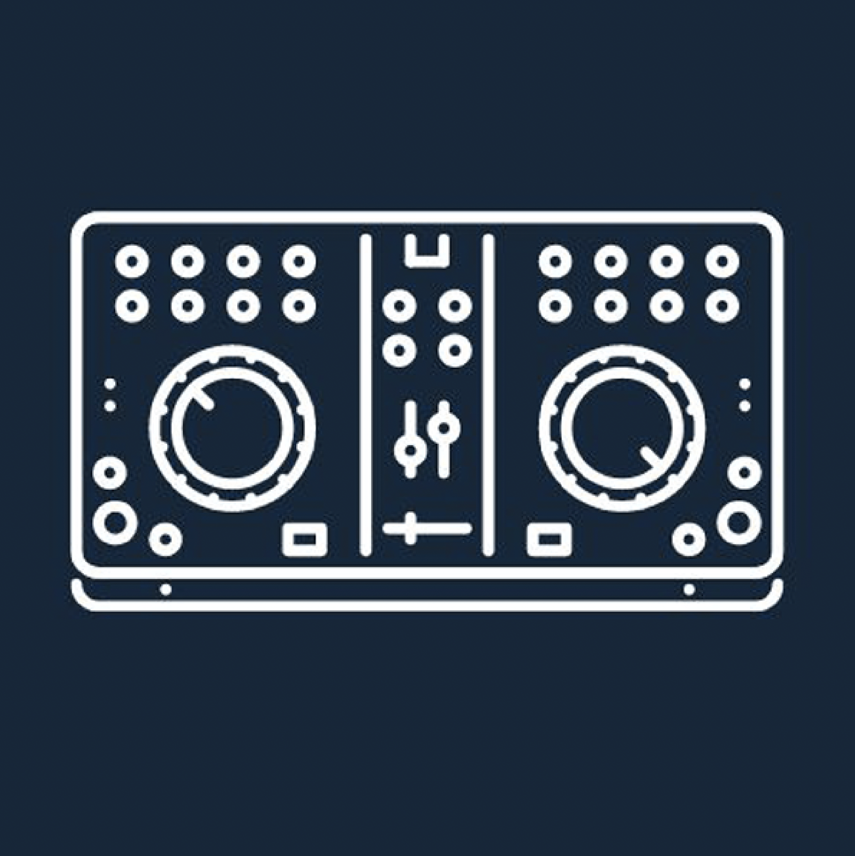 White line-art DJ mixer on a dark blue background, with two turntable dials and control knobs.
