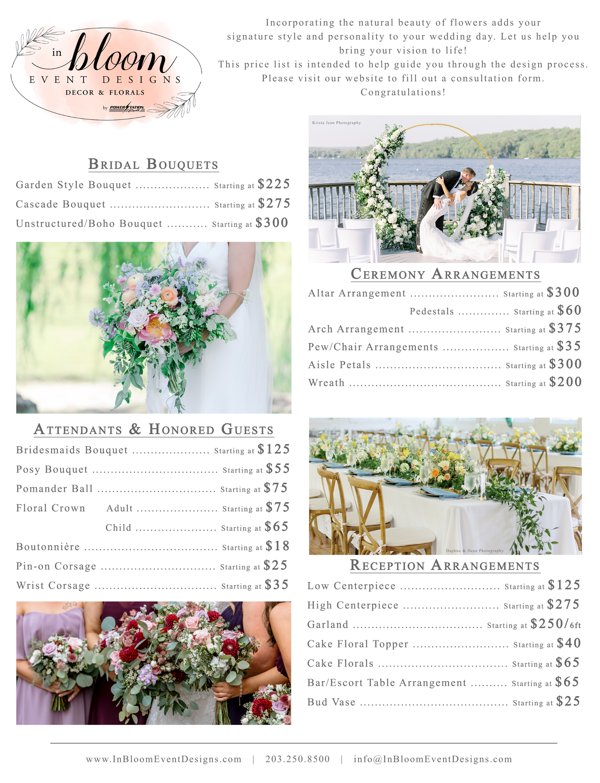 Wedding floral package menu with bouquet, ceremony arch, aisle, and reception table arrangements