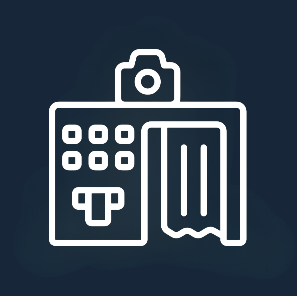 White line icon of a camera over a building with windows and a curtain on a dark blue background