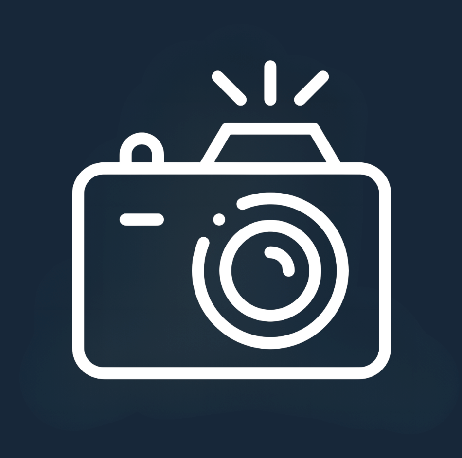 White camera icon with flash on a dark blue background