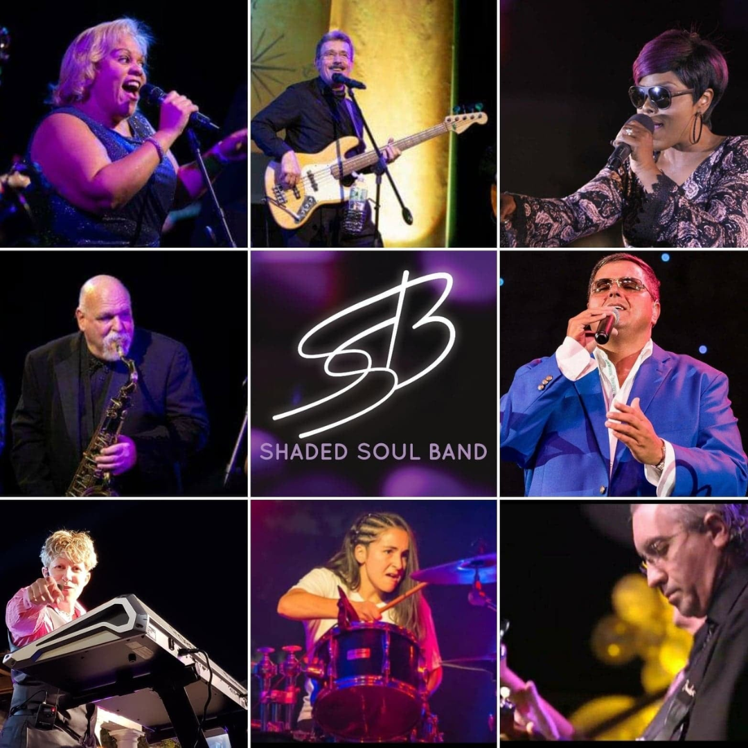 Collage of Shaded Soul Band performing live under purple stage lights with singers, saxophone, keyboard, and drums