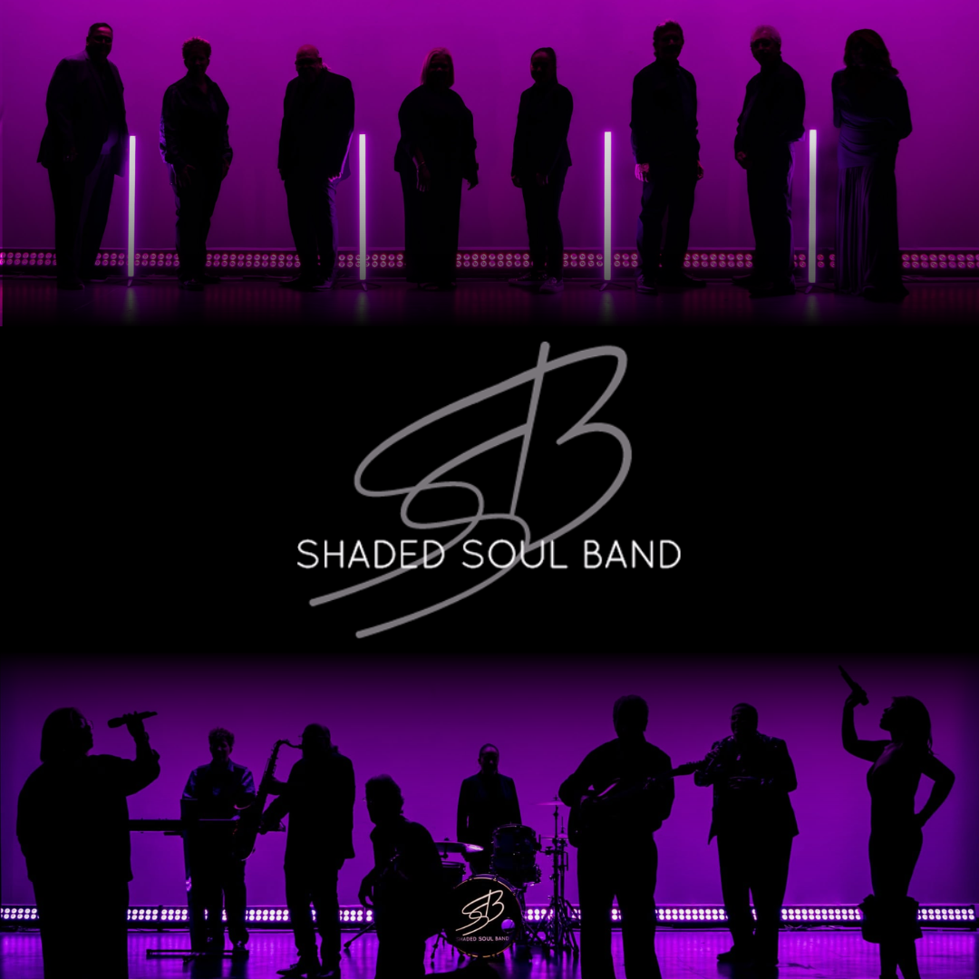 Purple band promo with silhouetted musicians and the text “SHADED SOUL BAND” in the center.