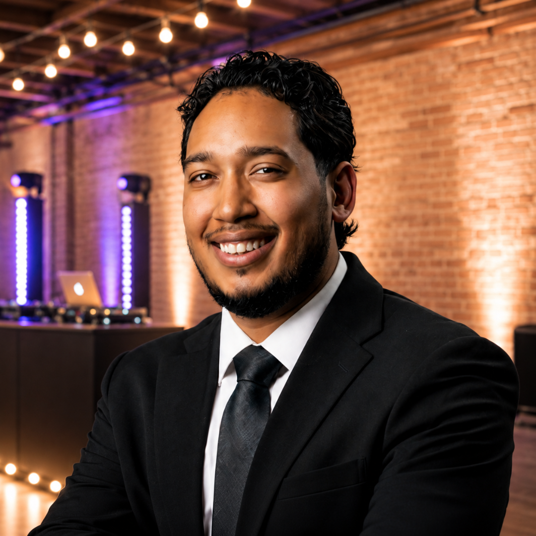 Smiling man in a dark suit at a purple-lit event