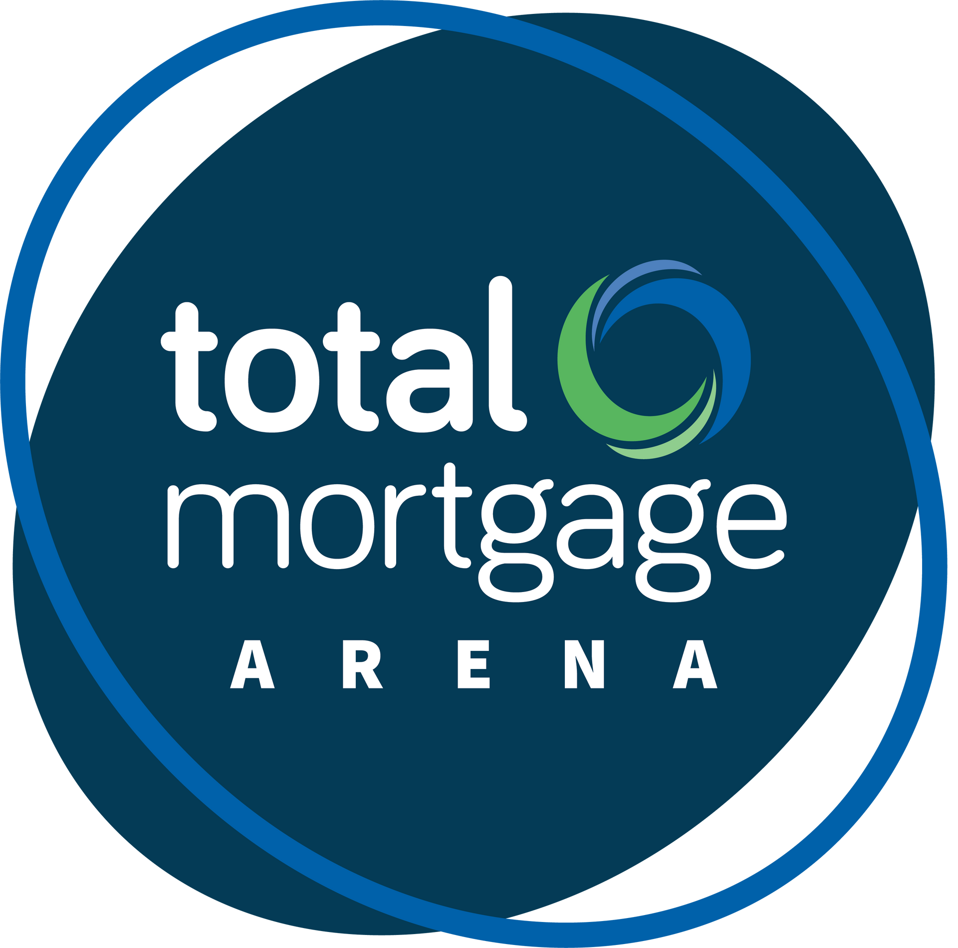 Total Mortgage Arena logo in blue, white, and green circular design