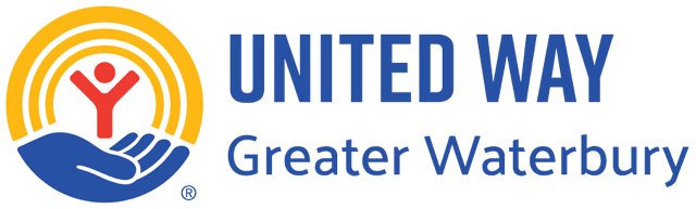 United Way Greater Waterbury logo with orange, yellow, blue, and red hands and person icon