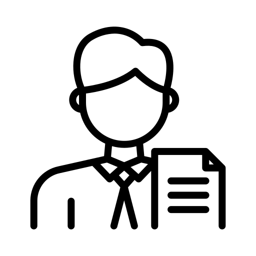 Businessperson holding a document, black line icon on white background