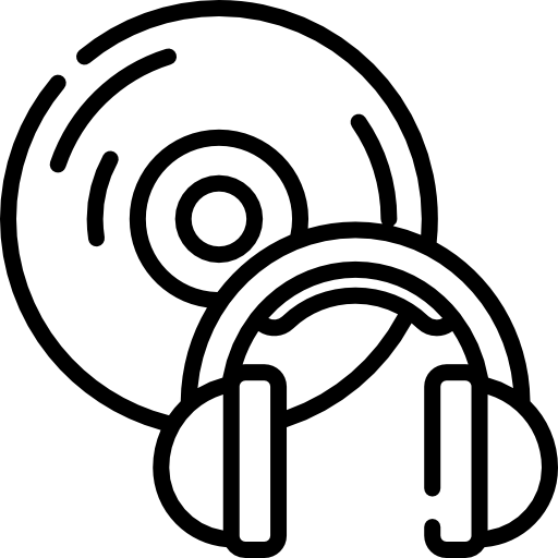Black outline icon of a CD with over-ear headphones, representing audio or music listening