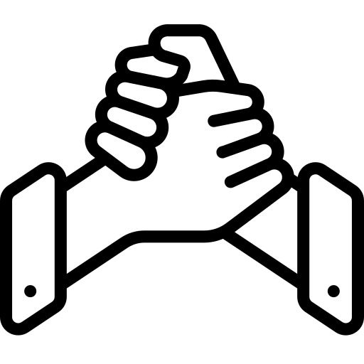 Two hands clasped in a handshake icon, black outline on white background