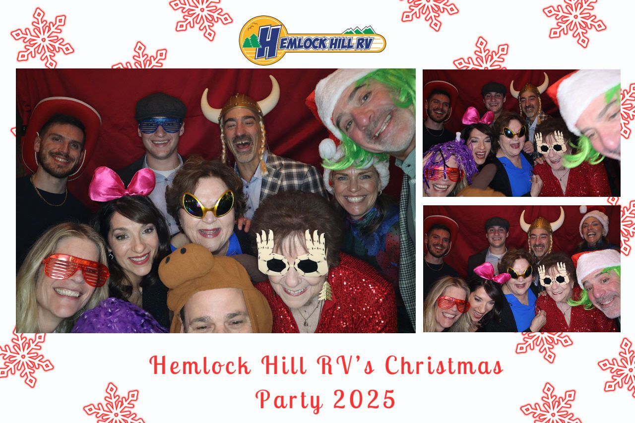 Costumed people posing at Hemlock Hill RV’s Christmas Party 2025 collage