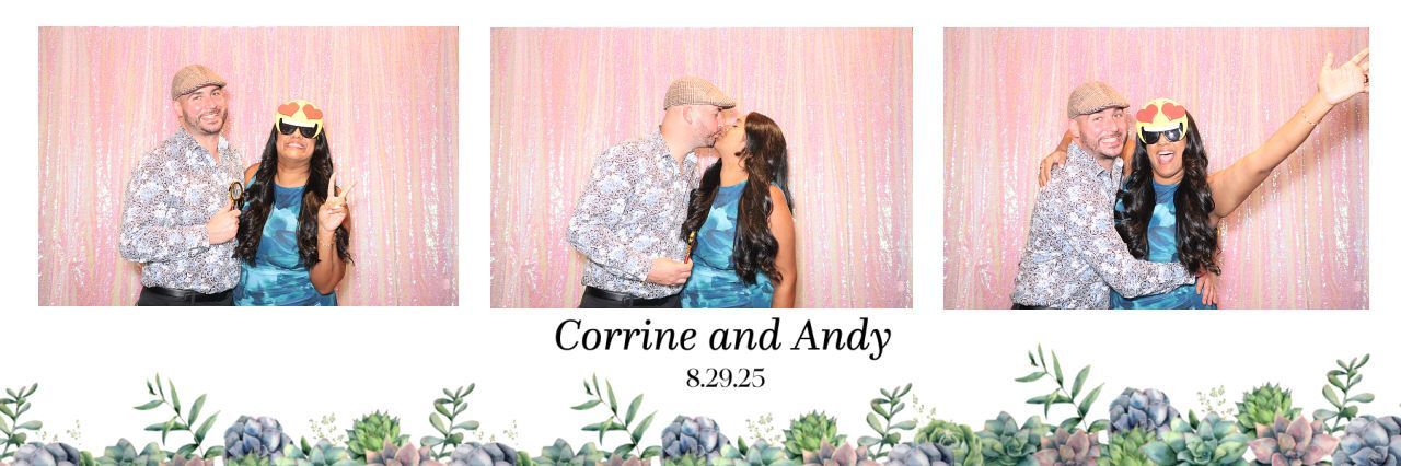 Three-panel bridal photo strip with a couple kissing before a pink backdrop and flowers along the bottom.