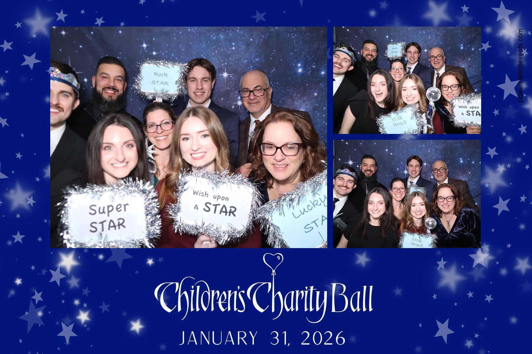 Children's Charity Ball collage with smiling guests in white feather boas, dated January 31, 2026.
